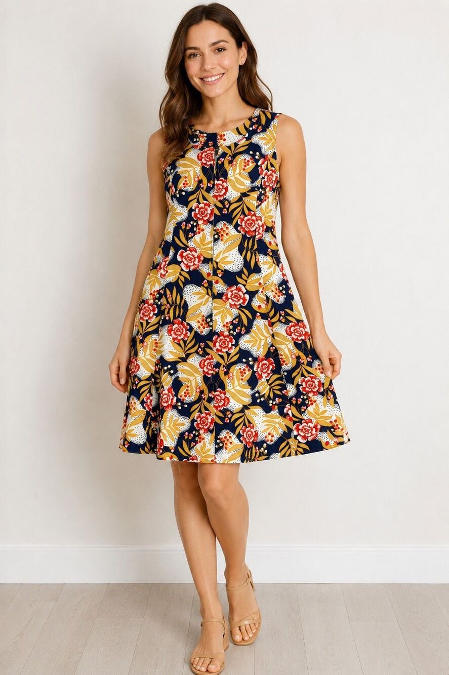 Italian Vintage Floral Cotton Blend Sleeveless A Line Dress Size M Retro